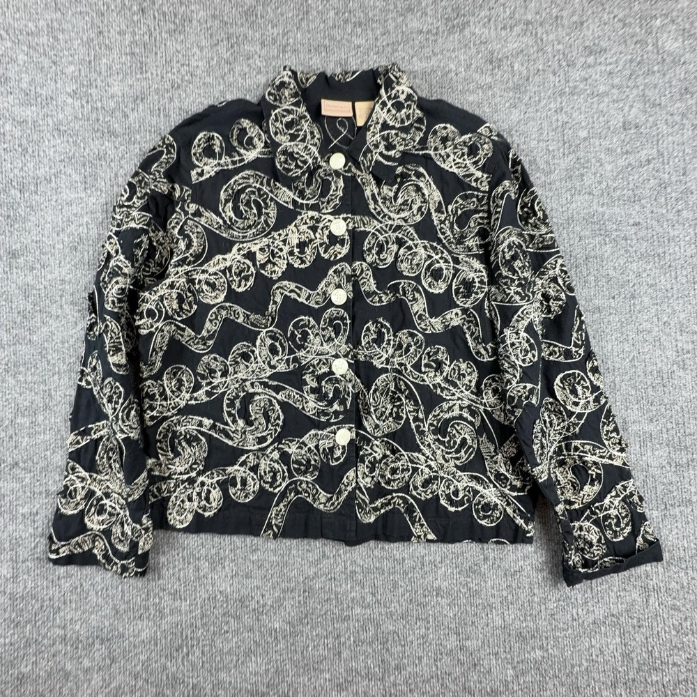 Passports Jacket Womens Medium Black Embroidered Geometric Button Front Cotton